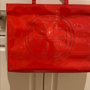 Tori Burch Red Patent tote with raffia inserts